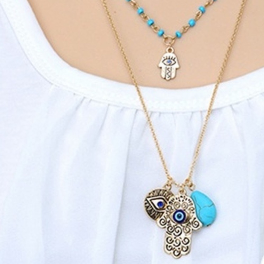 3/$25 Evil eye and hamsa  turquoise bead necklace